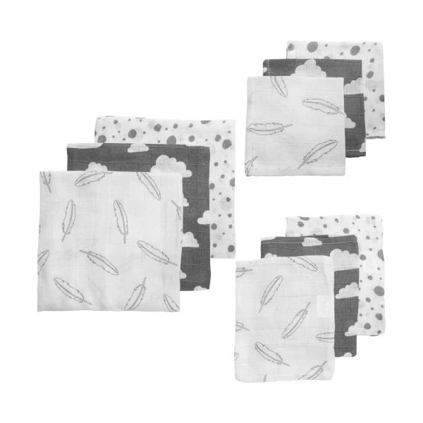 Meyco Feather / Clouds / Dots Hydrofiel Starterset Grijs 1 Meyco Feather / Clouds / Dots Hydrofiel Starterset Grijs